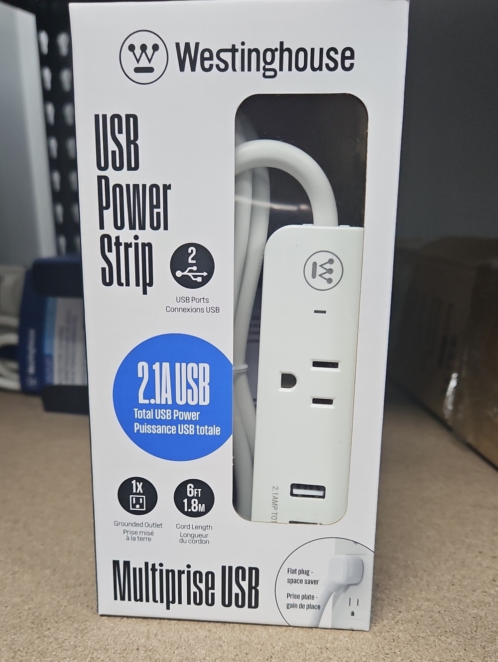 White USB Surge Power Strip with 2.1A USB Charging